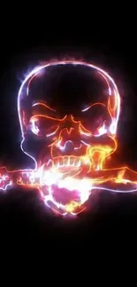 Neon skull with a fiery knife mobile wallpaper.