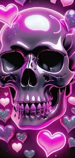 Vibrant glowing skull with pink and purple hearts.