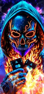 Neon skull in hoodie holding playing cards with fiery effects.