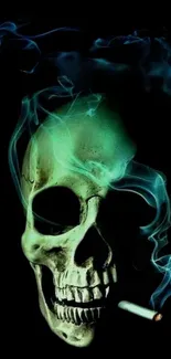 Neon green skull with smoke on black background.