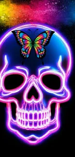 Neon skull with colorful butterfly on a vibrant cosmic background.