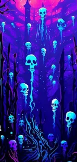 Neon skulls in a vivid purple fantasy forest, creating a mystical and eerie landscape.