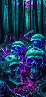 Neon skulls glowing in an enchanted forest setting, creating an eerie yet mesmerizing ambiance.