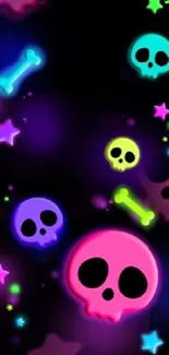 Colorful neon skulls and stars on black background.