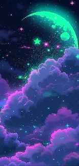 Neon sky wallpaper with vibrant clouds and celestial elements.