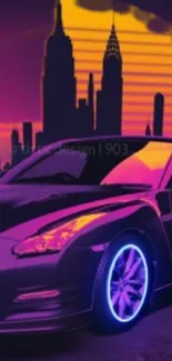 Neon sports car with city skyline backdrop.