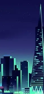 Neon city skyline wallpaper with futuristic buildings.