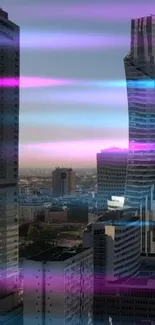 Futuristic city skyline with neon pink and blue light streaks.