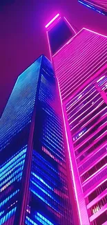 Neon-lit skyscrapers against a purple night sky.