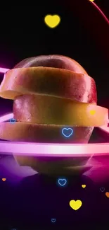 Neon lights surround a sliced apple, creating a modern, artistic wallpaper.