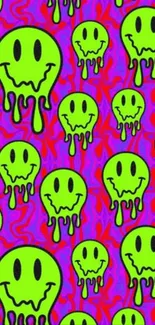 Neon green drippy smiley faces on pink background.