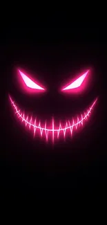 Neon pink grinning face on a black background.