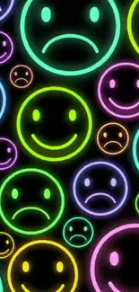 Vibrant neon smiley faces on a dark background, perfect for a lively phone display.