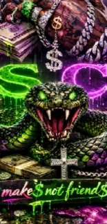 Colorful snake and wealth symbols in neon colors wallpaper.