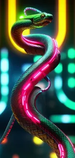 Neon snake with glowing lights on a futuristic background.