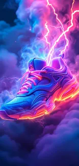 Neon sneaker with pink lightning in clouds.