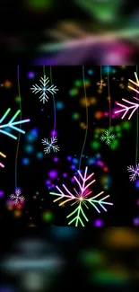 Colorful neon snowflakes on a black background with vibrant dots.