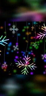 Colorful neon snowflakes on a black background.