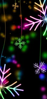 Colorful neon snowflakes on a black background wallpaper.