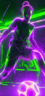 Neon-themed soccer player with glowing ball in vibrant colors.