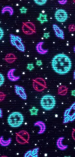 Neon space theme with planets and stars wallpaper.