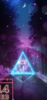 Astronaut under neon triangle in snowy forest night.