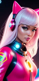 Neon space cat girl with headphones and futuristic attire.