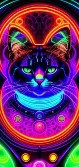 Neon space cat wallpaper with vibrant colors and futuristic design.