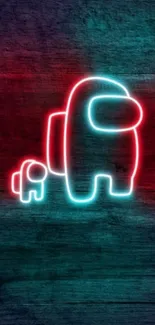 Neon crewmate silhouettes on teal and red background wallpaper.