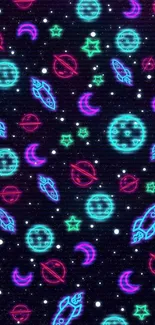 Neon space-themed wallpaper with rockets and planets on a black background.