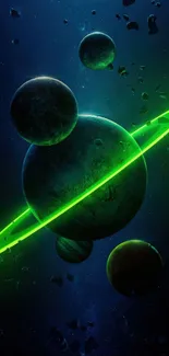 Futuristic neon green space scene with planets.