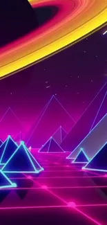 Vibrant neon pyramids with cosmic rings, purple and blue hues.