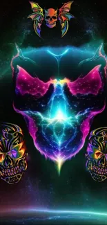 Vibrant neon cosmic skull art wallpaper.