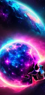 Neon skull in cosmic space with vibrant pink and blue hues.