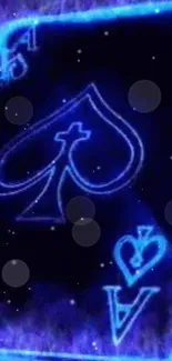 Glowing ace of spades on a blue neon background, mobile wallpaper.