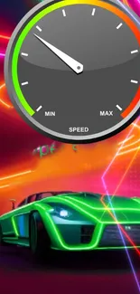 Neon green sports car with speedometer on vibrant background.