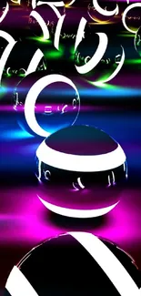 Vibrant neon spheres with glowing accents on a sleek black background.