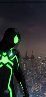 Neon-clad superhero overlooking cityscape at night.