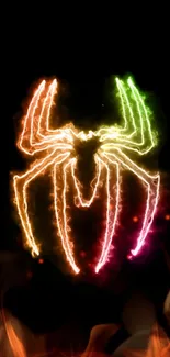 Neon spider design with fiery effects on a black background.