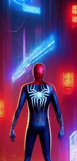 Superhero stands in neon-lit city, vibrant and dynamic scene.