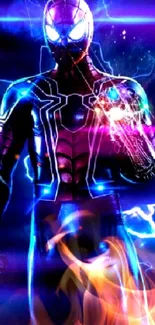 Neon superhero in electric blue and purple hues with a powerful pose.