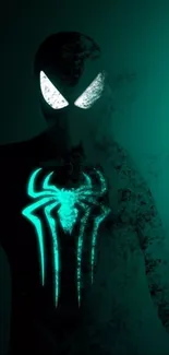 Dark hero silhouette with neon spider emblem on teal background.