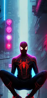 Spider hero in neon cityscape on mobile wallpaper.