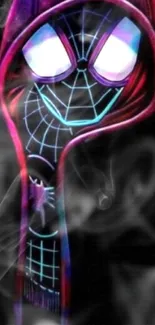 Neon Spider-Man in red hoodie on black background.