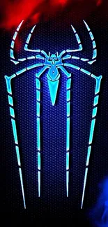 Vibrant neon spider icon with blue and red accents.