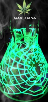 Neon green spider potion with marijuana leaf design.