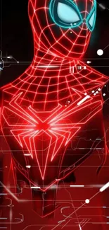 Futuristic neon spider suit with glowing red design on a dark background.