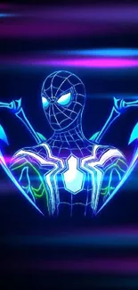 Neon blue spider superhero mobile wallpaper with glow effect.