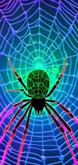 Neon spider on vibrant web background in purple hues.