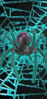 Neon spider web wallpaper with teal and black hues.